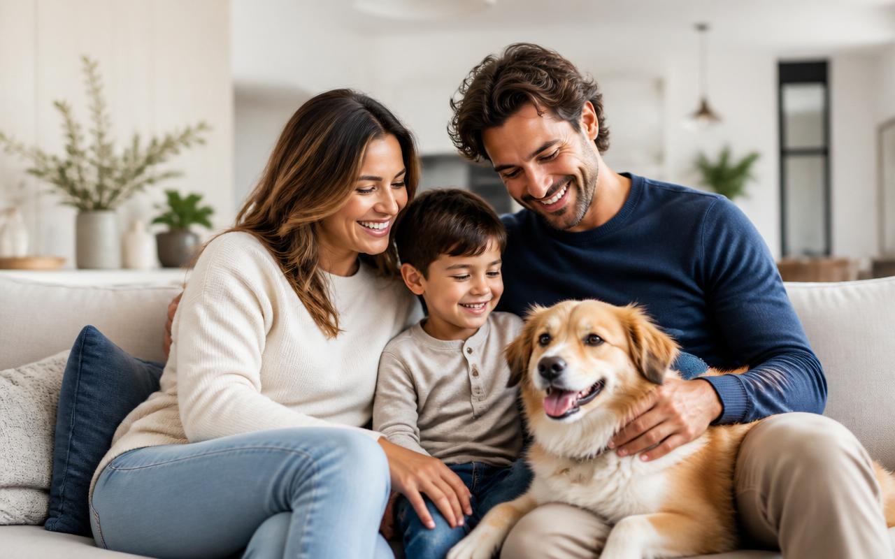 A family at home with their dog on the sofa