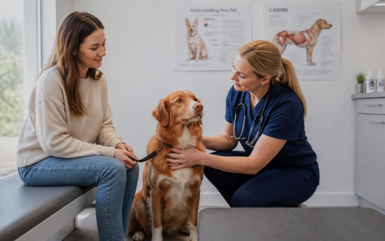 A dog owner with their dog during a veterinary pain review consultation